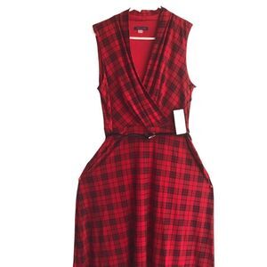 NWT Tommy Hilfiger Sleeveless V-Neck Red Dress With Black Lines and Black Belt